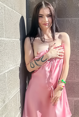 Vixen Hikes Her Pink Slip Dress Up And Plays With Herself On A Fallen Tree